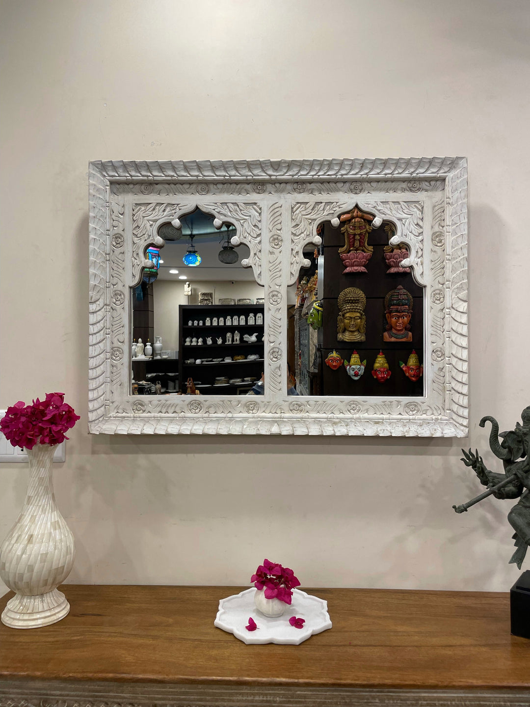 2 Jharokha Hand-Carved Wooden Mirror Frame – Distressed White Finish (30" x 41")