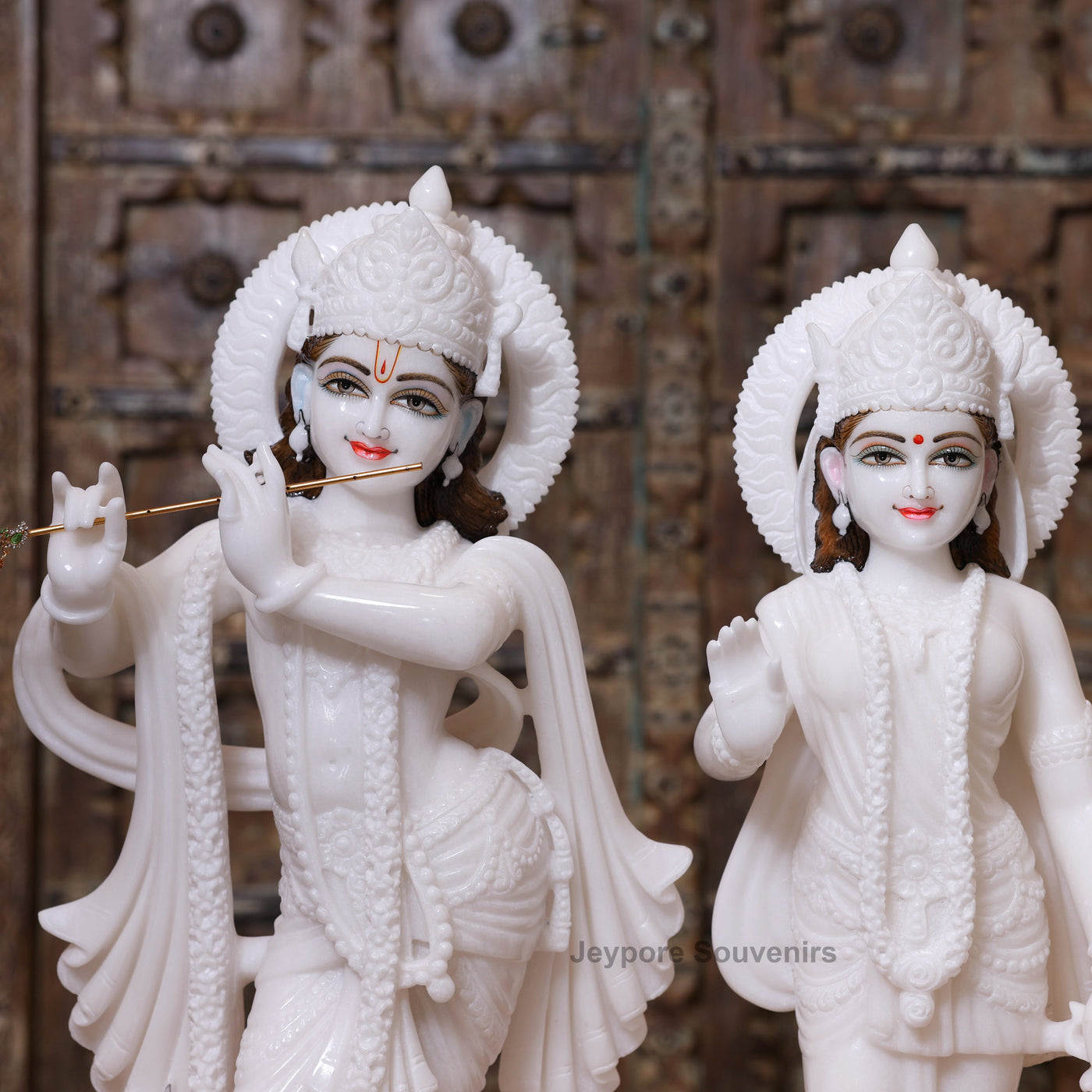 24" Handcrafted Radha Krishna Pure White Marble Statues Pair