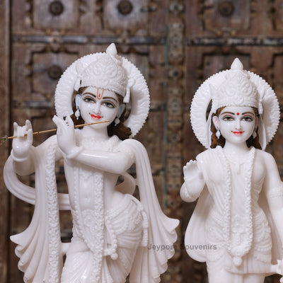 24" Handcrafted Radha Krishna Pure White Marble Statues Pair