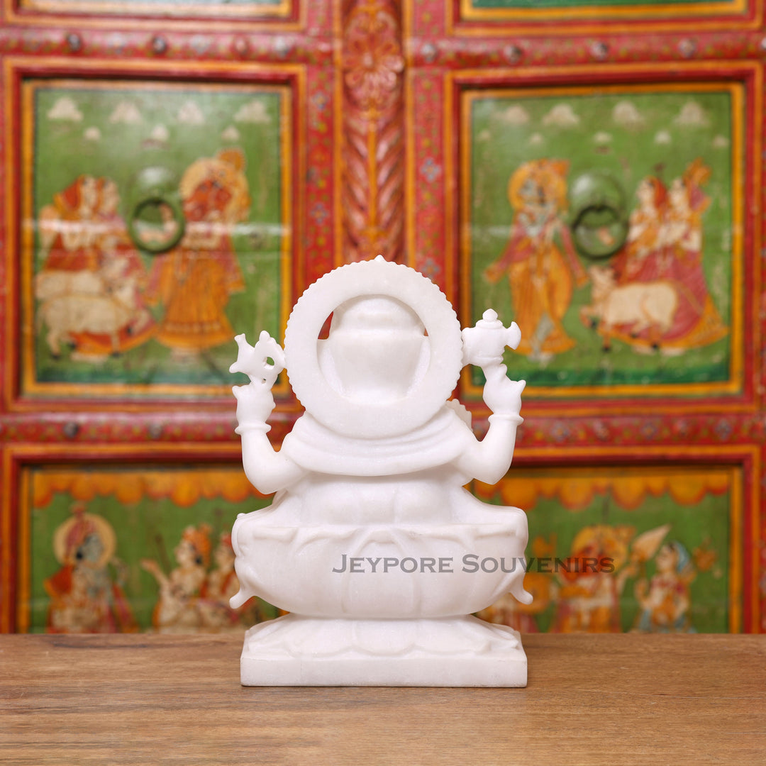 12" Pure White Marble Lord Ganesha Idol in Lotus Shape