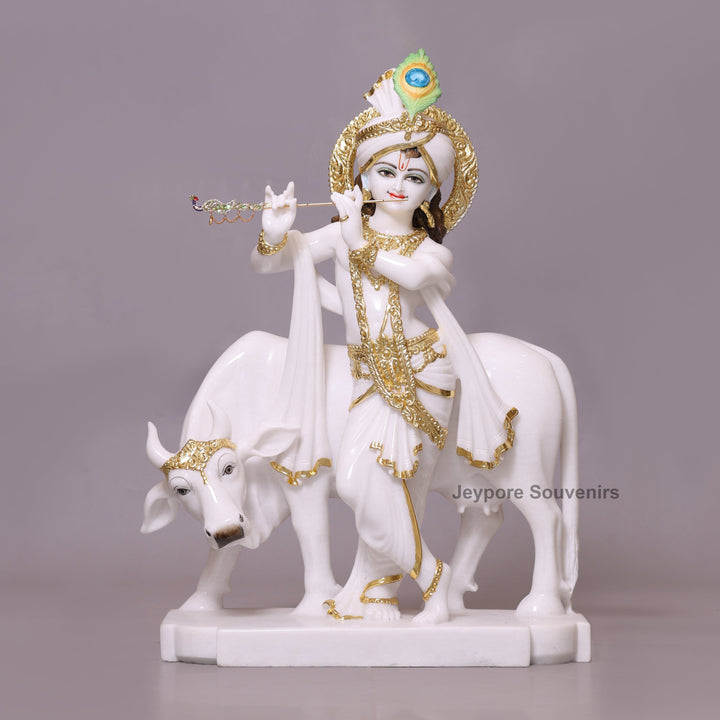 27" Enchanting Pure White Marble Lord Krishna Cow Idol With Real Gold Leaf