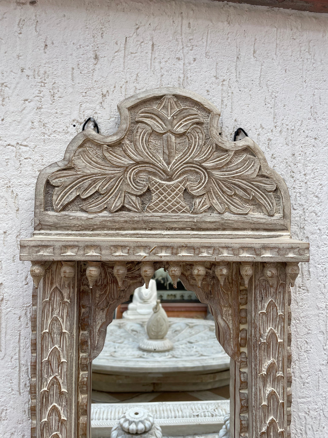Hand carved single Jharokha mirror in distressed finish