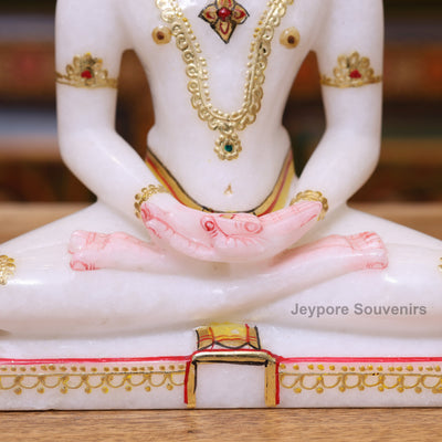 9" Premium Pure White Marble Mahavir Swami Idol for Home Temple | Hand-Painted Tirthankara Statue
