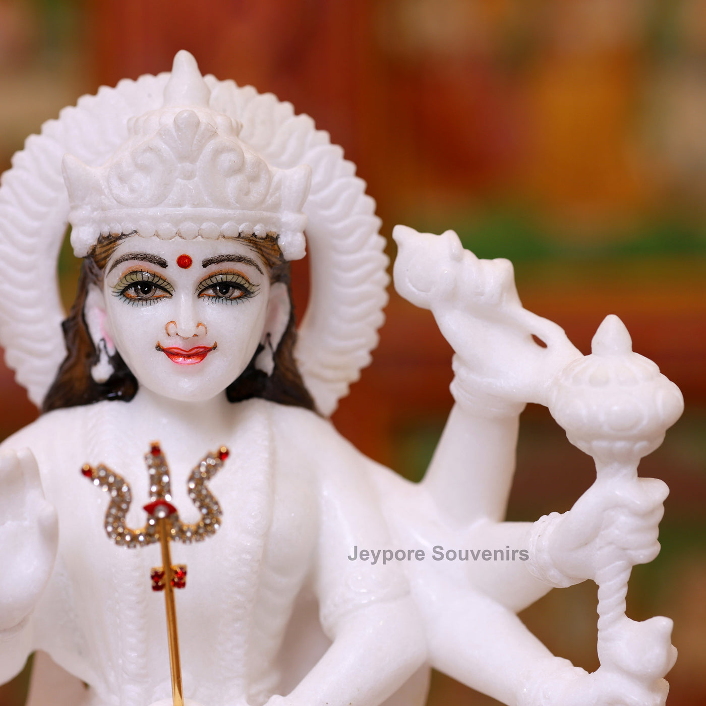 12" Handcrafted White Marble Goddess Durga Idol on Lion (8-Arm)