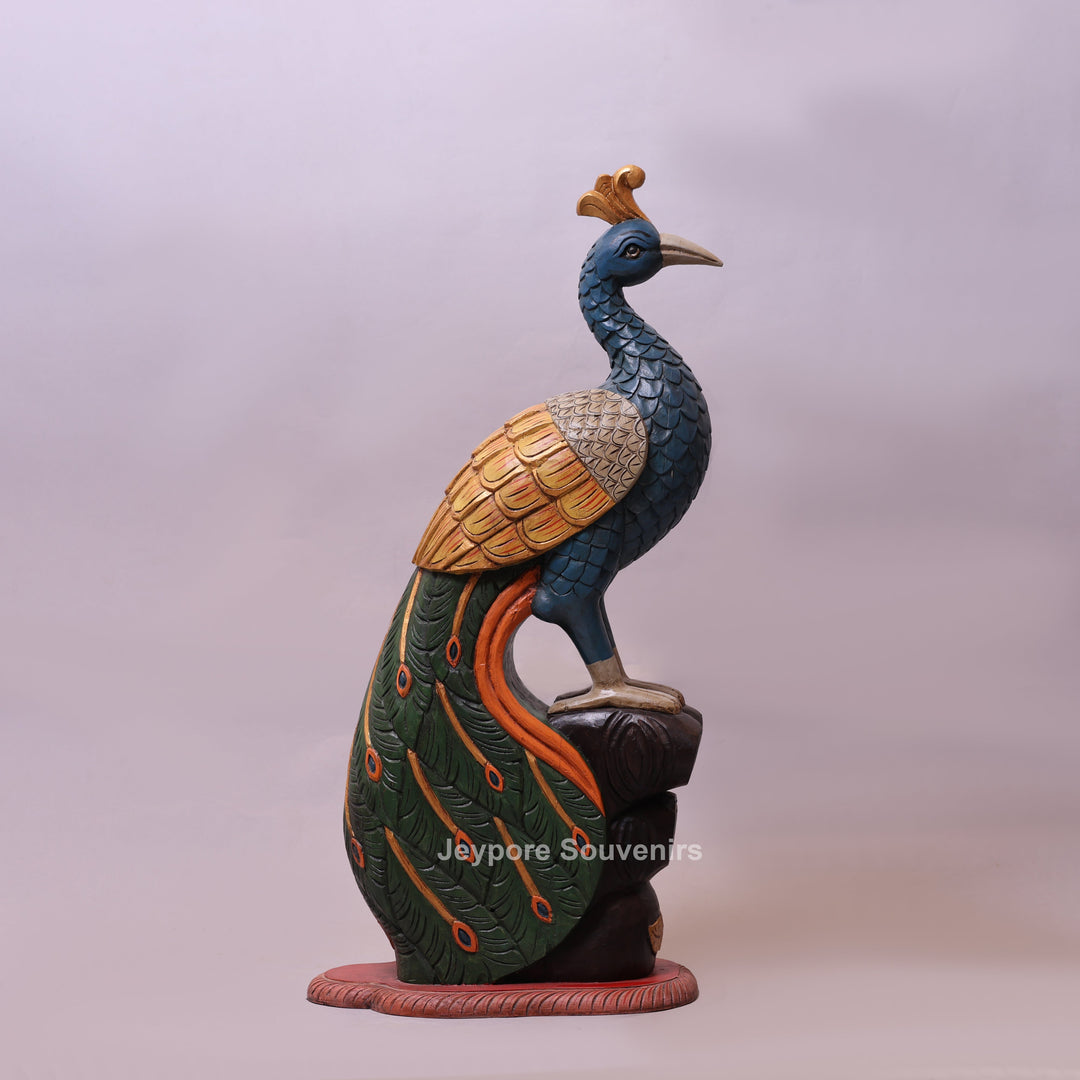 37" Grand Hand-Carved Wooden Peacock Statue