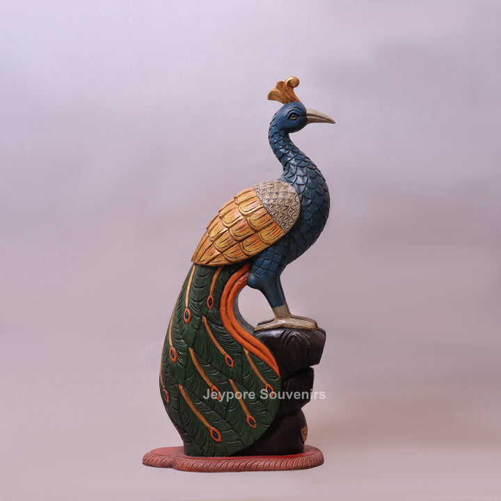 37" Grand Hand-Carved Wooden Peacock Statue