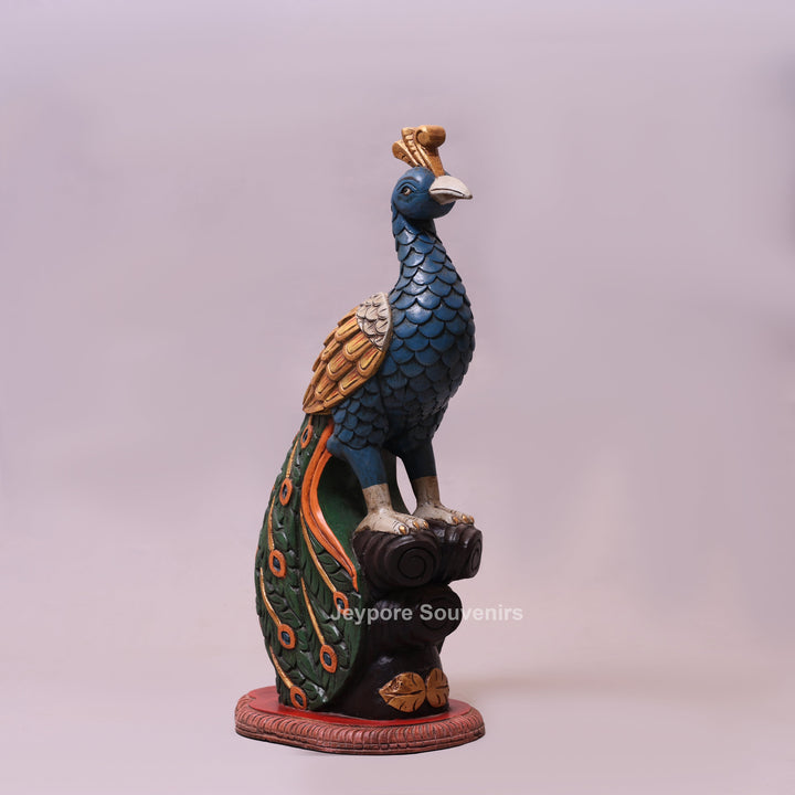 25" Hand-Carved Wooden Peacock Statue