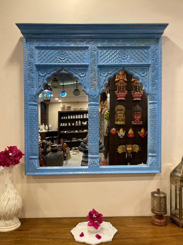 2 Jharokha Hand-Carved Wooden Mirror Frame – Distressed Blue Finish (42" x 42")