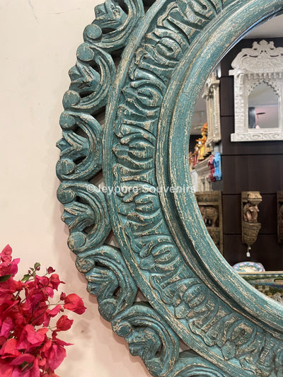 Hand carved wooden round wall mirror