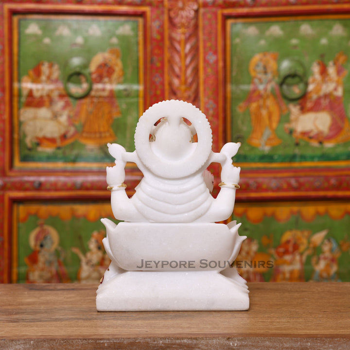 12" Pure White Makrana Marble Lord Ganesha Idol With Cut gold work