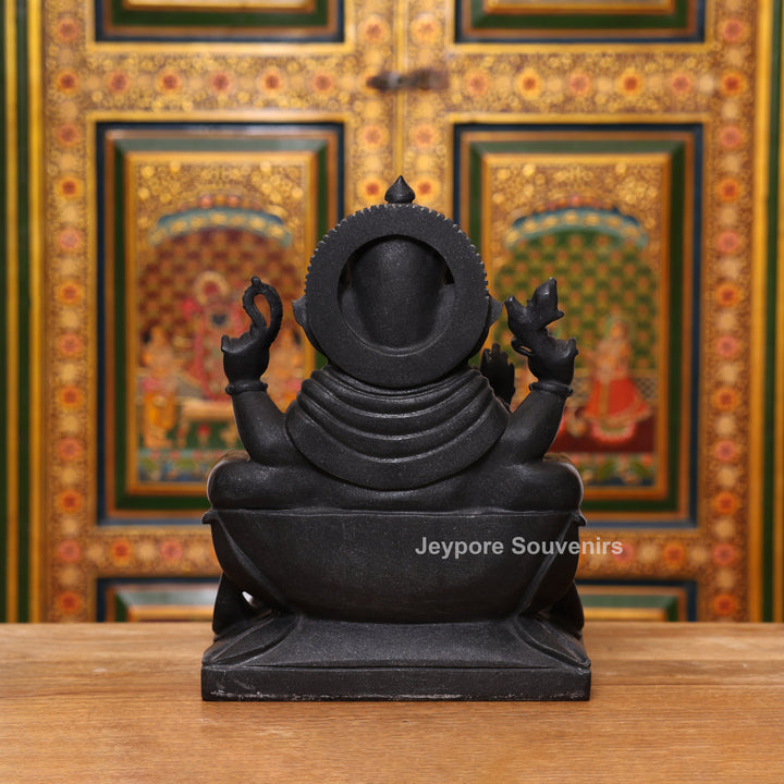 15" Pure Black Marble Handcrafted Sitting Lord Ganesha Idol