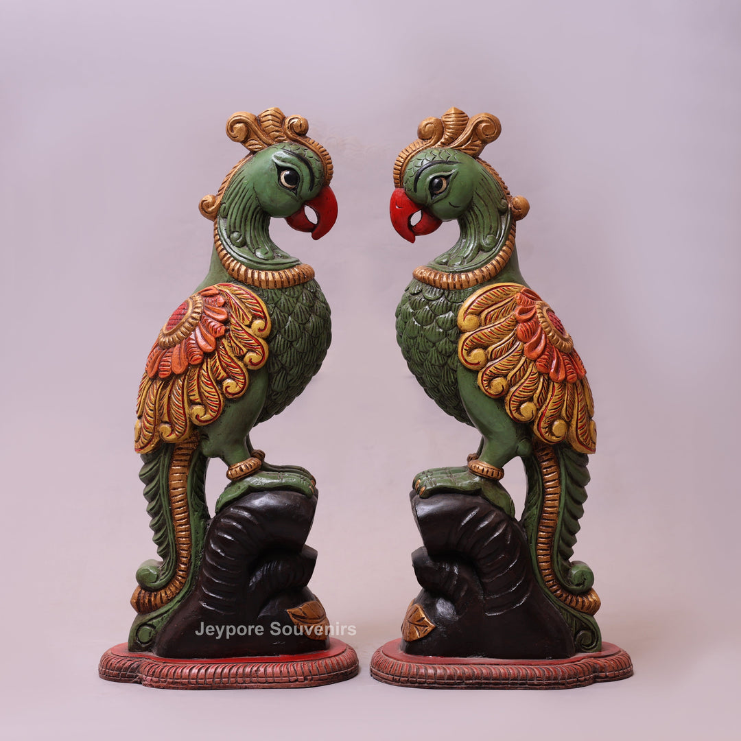 25" Hand-Carved &amp; Hand-Painted Wooden Parrot Statue