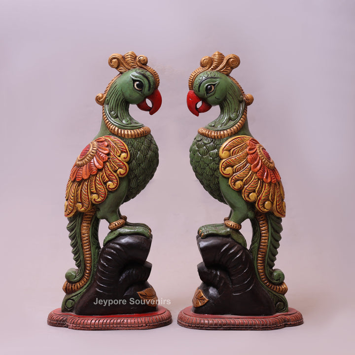 25" Hand-Carved &amp; Hand-Painted Wooden Parrot Statue