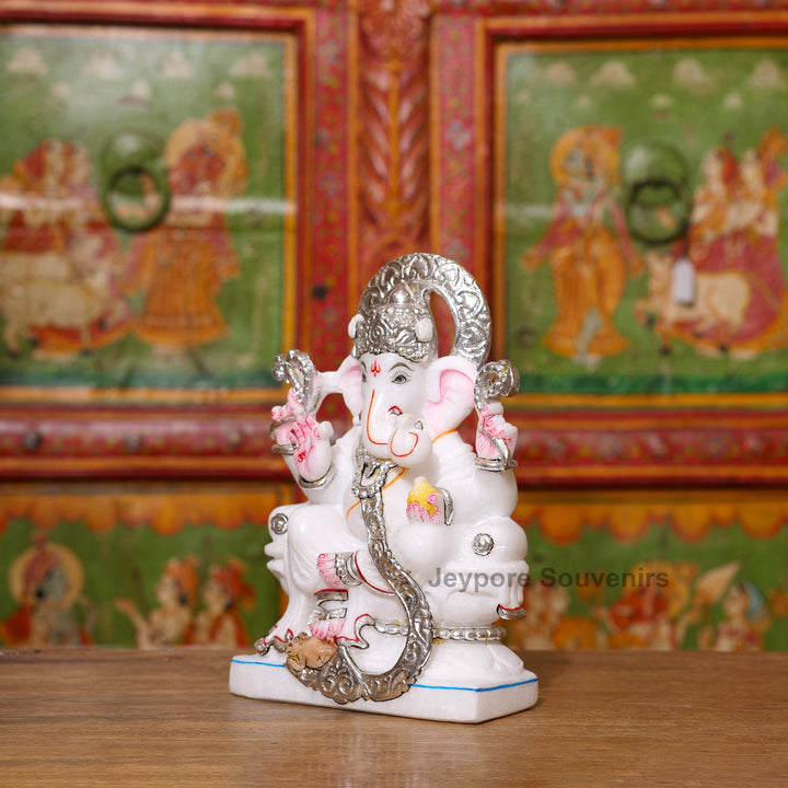 10" Pure White Marble Ganesha Idol with Silver Wok