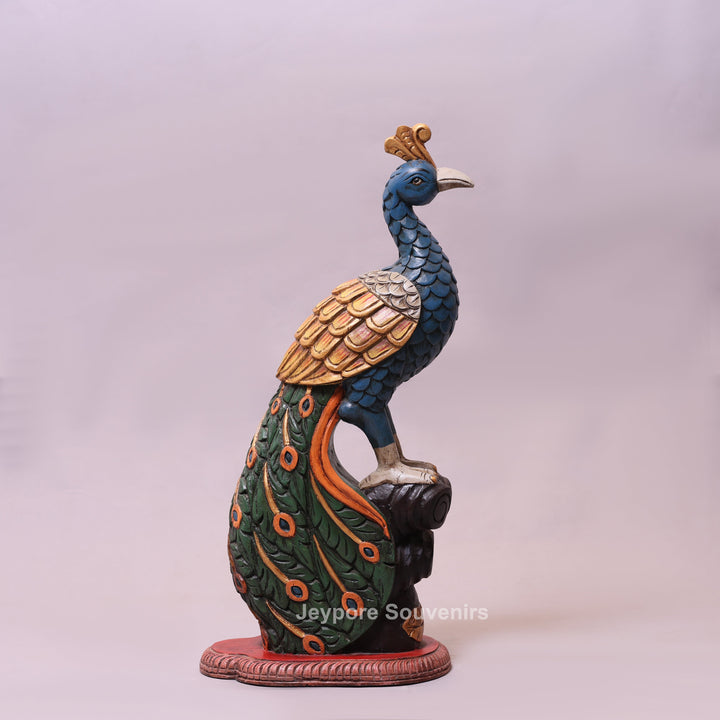 25" Hand-Carved Wooden Peacock Statue