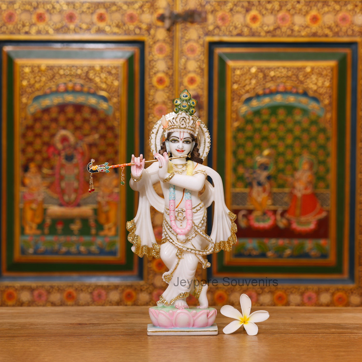 12" Elegant Handcrafted Pure White Marble Krishna Statue with Real Gold Leaf Work