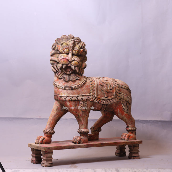 41" Grand Hand-Carved Wooden Yali (Mythical Lion) Statue