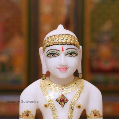9" Premium Pure White Marble Mahavir Swami Idol for Home Temple | Hand-Painted Tirthankara Statue