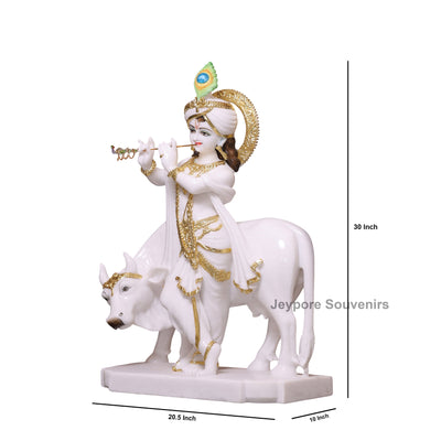 30" Enchanting Pure White Marble Lord Krishna Cow Idol With Real Gold Leaf