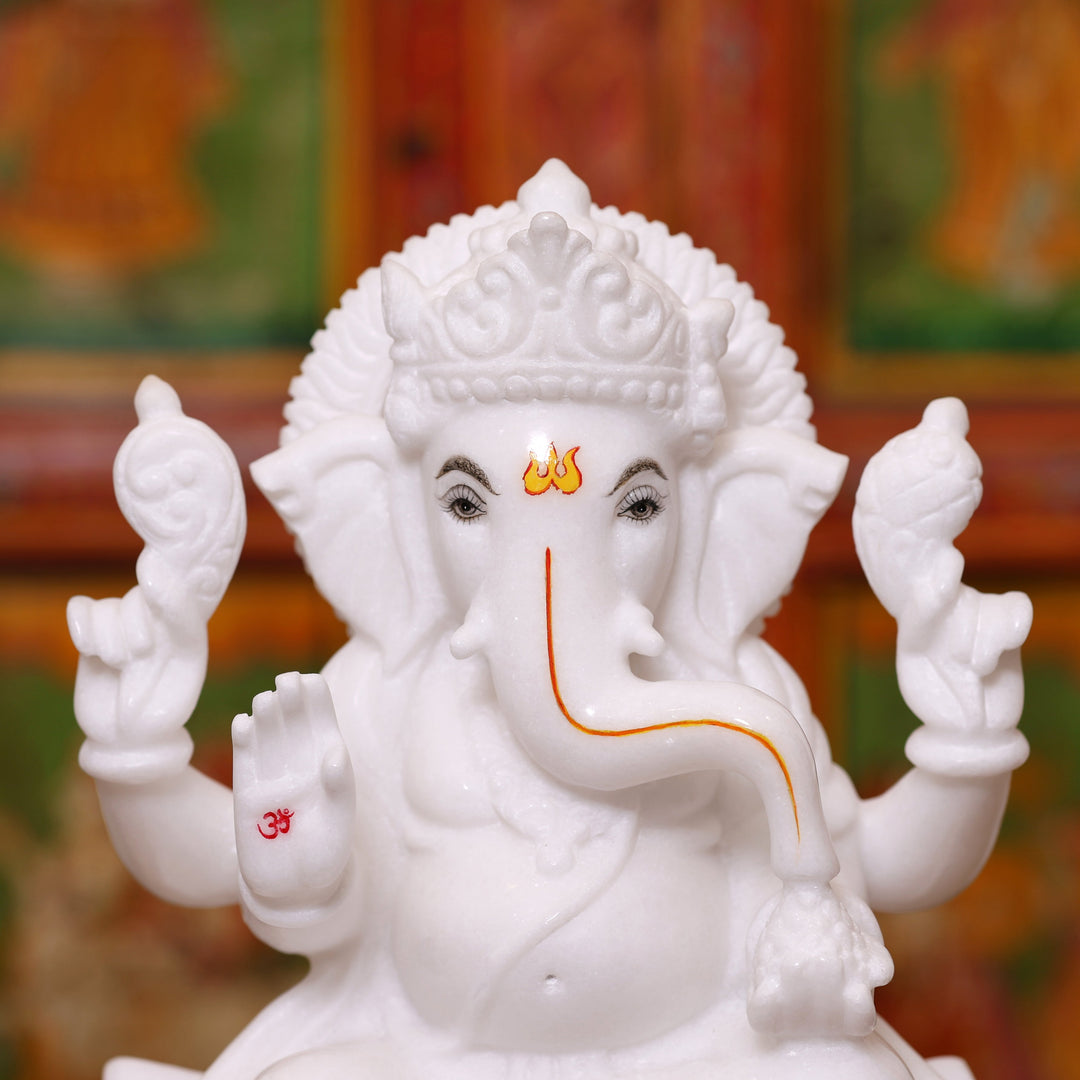 12" Handcrafted Pure White Marble Lord Ganesha Murti for Home &amp; Office Décor