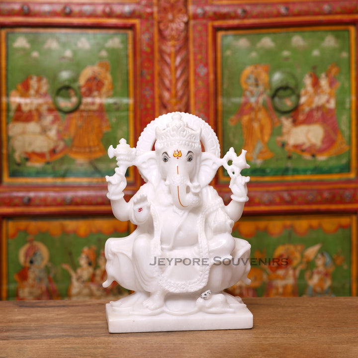 12" Pure White Marble Lord Ganesha Idol in Lotus Shape