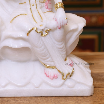 15" Premium White Marble Lord Lakshmi And Vishnu Seated Idol Set with Real Gold Work