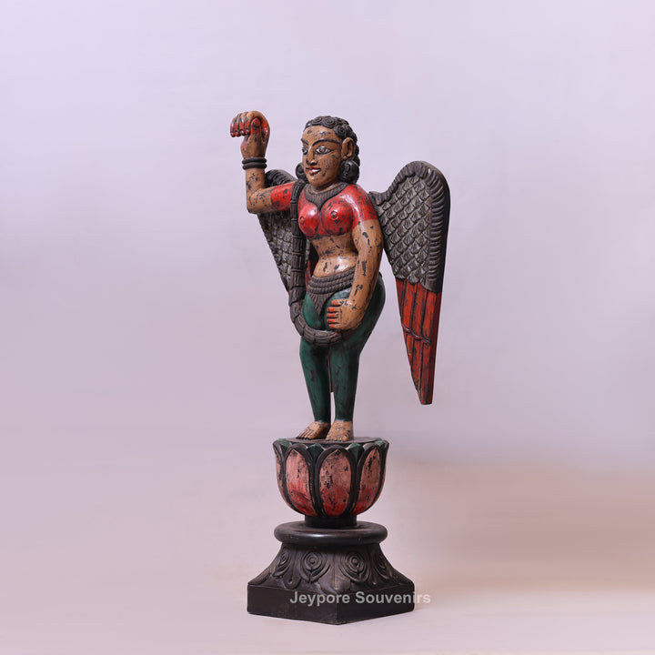 37" Handcrafted Wooden Apsara Winged Statue