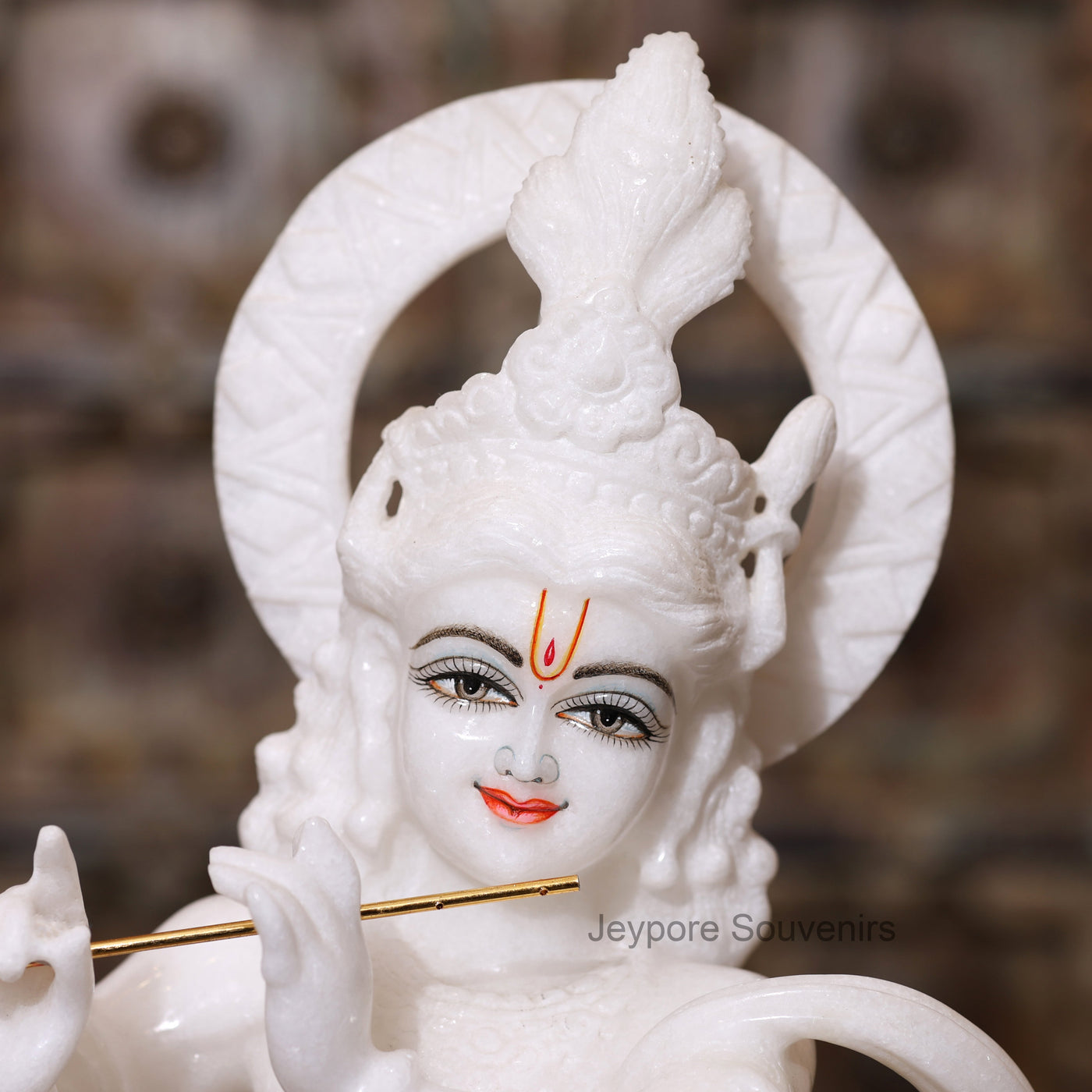 21" Majestic Handcrafted Pure White Marble Krishna Statue (Murti) with Flute