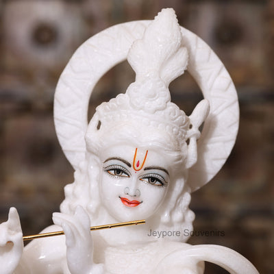 21" Majestic Handcrafted Pure White Marble Krishna Statue (Murti) with Flute