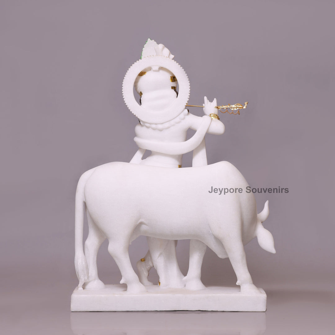 27" Enchanting Pure White Marble Lord Krishna Cow Idol With Real Gold Leaf