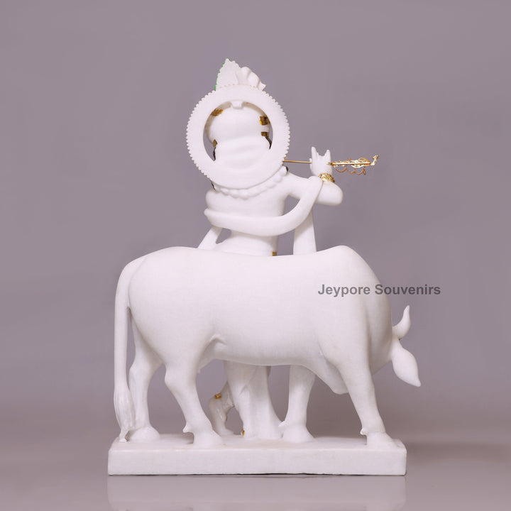 27" Enchanting Pure White Marble Lord Krishna Cow Idol With Real Gold Leaf
