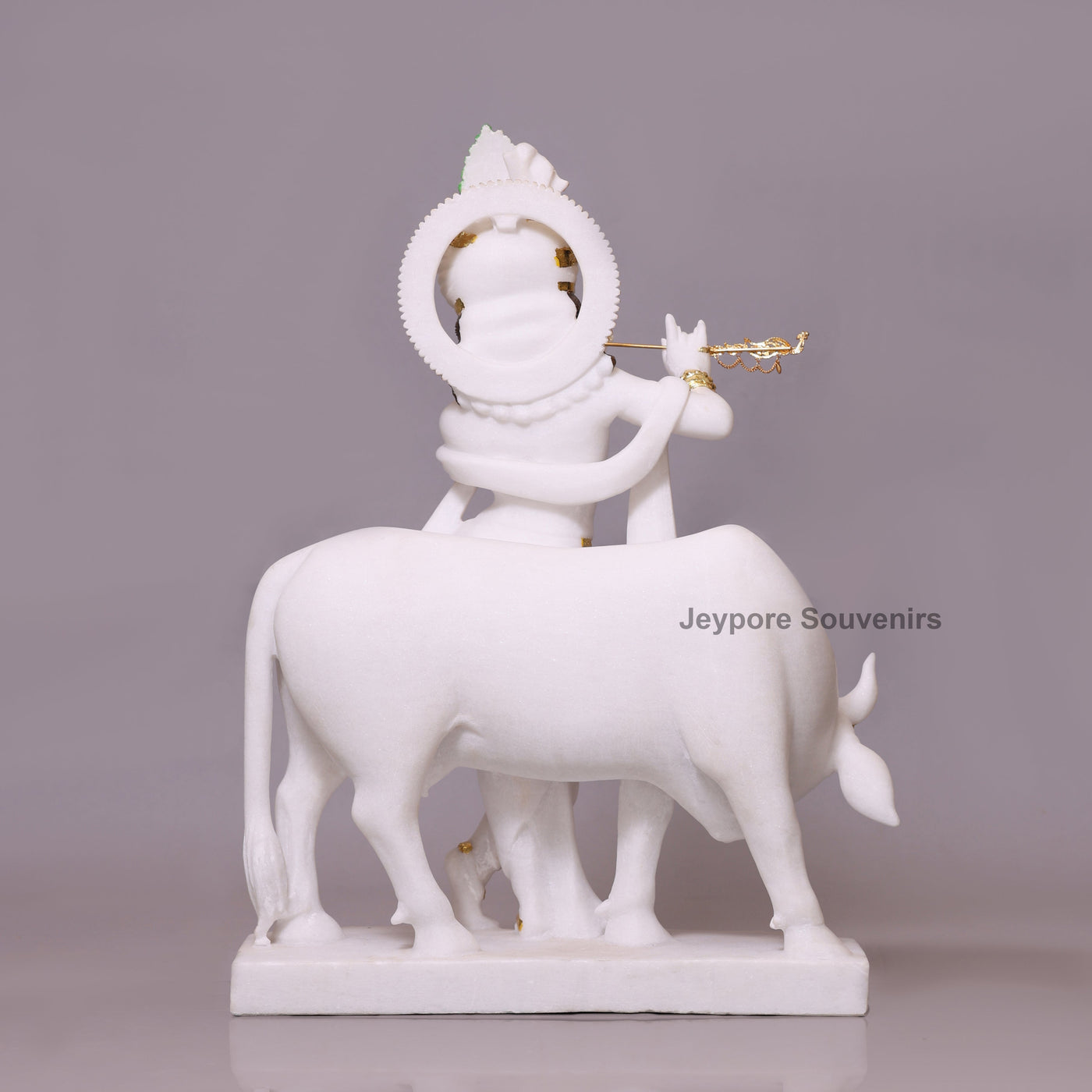 30" Enchanting Pure White Marble Lord Krishna Cow Idol With Real Gold Leaf