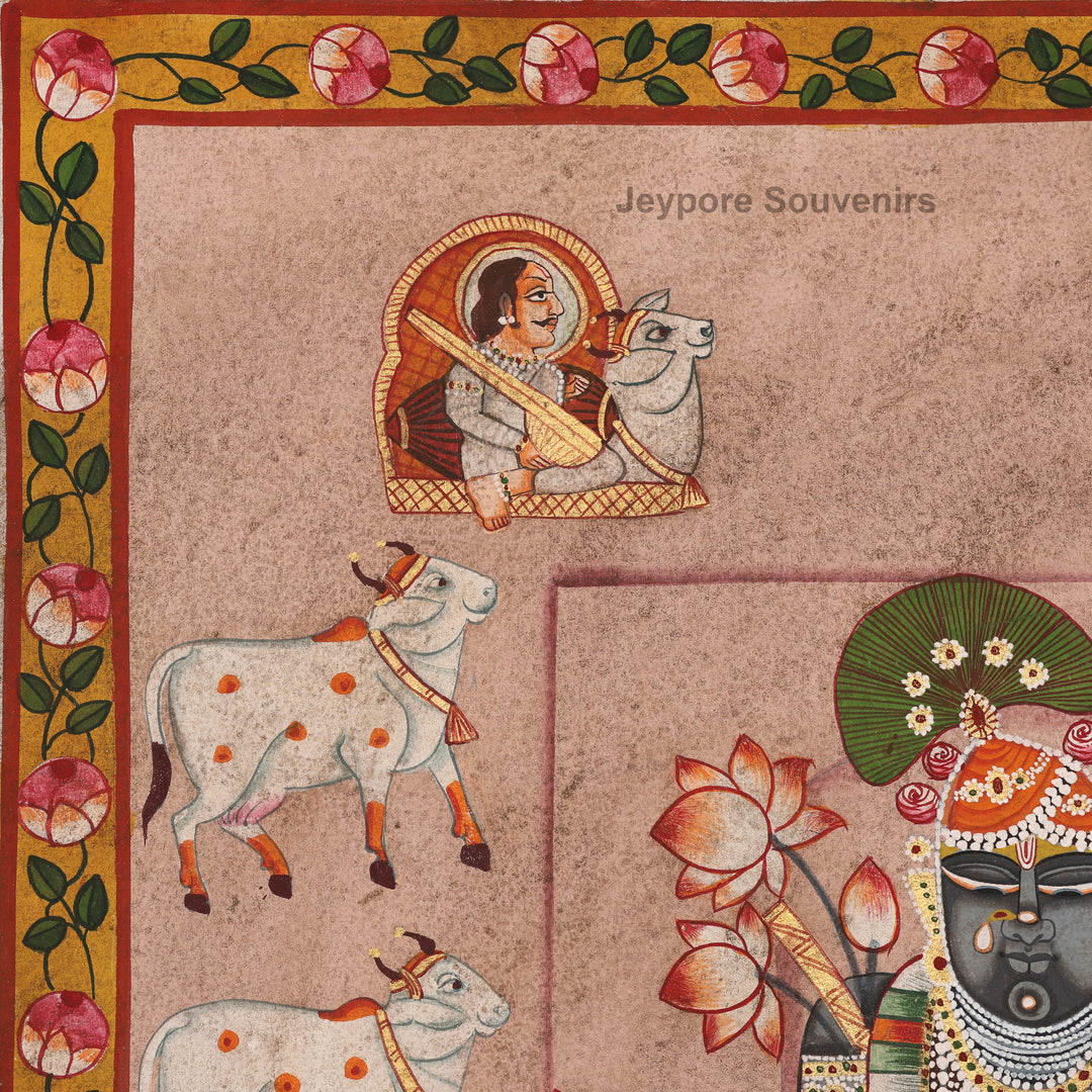 Handcrafted Pichwai Painting of Shrinathji with Cows &amp; Priests