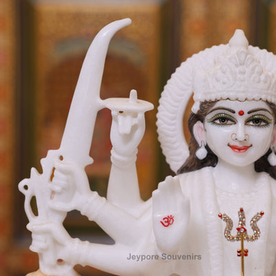 15" Handcrafted Goddess Durga Idol on Lion Made in Pure White Marble