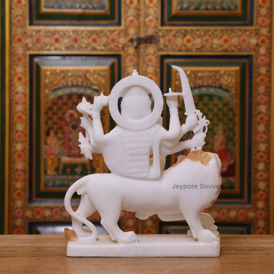 15" Handcrafted Goddess Durga Idol on Lion Made in Pure White Marble