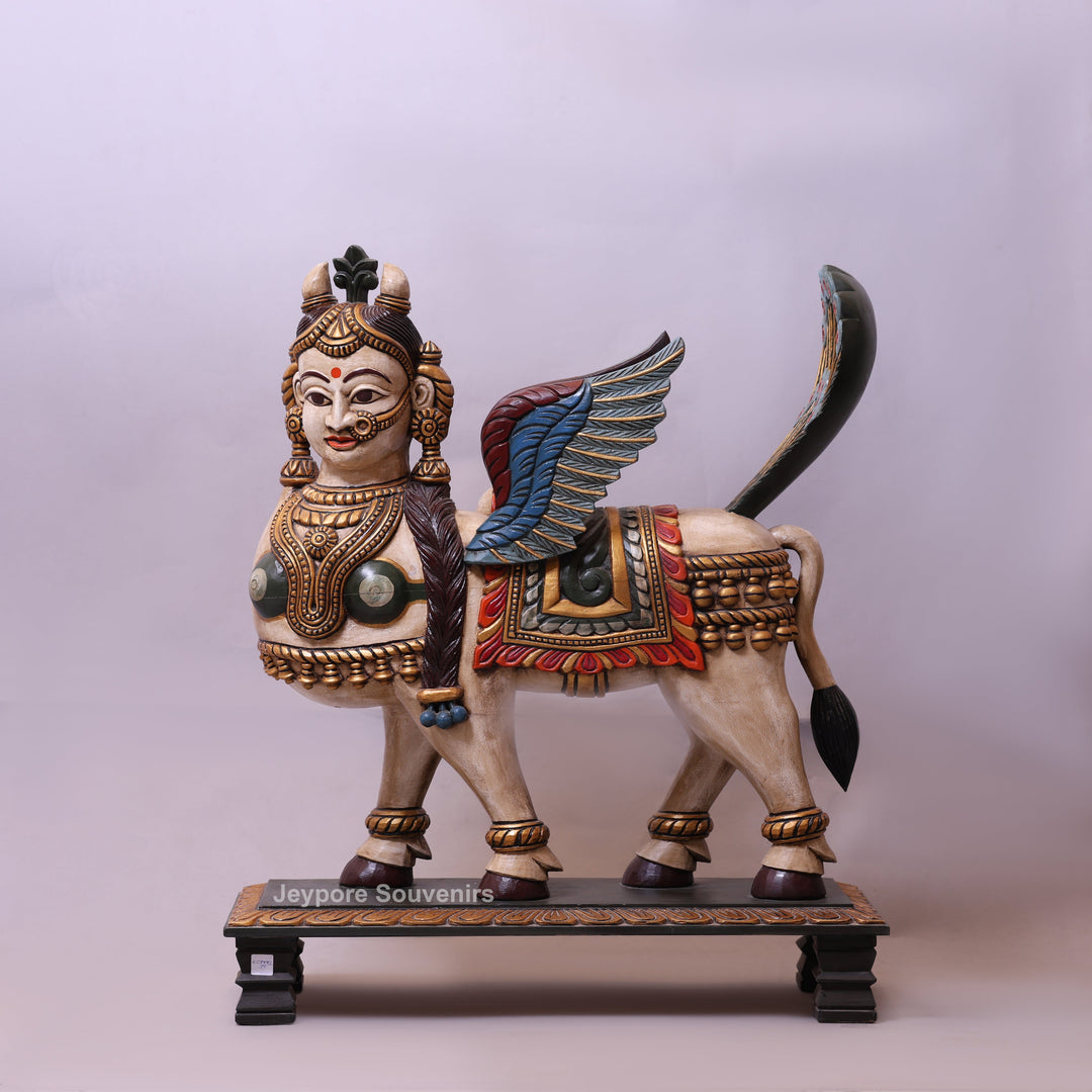 35" Handcrafted Wooden Kamadhenu Statue with Wings