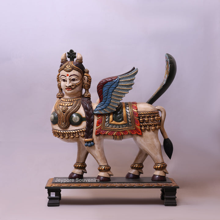 35" Handcrafted Wooden Kamadhenu Statue with Wings