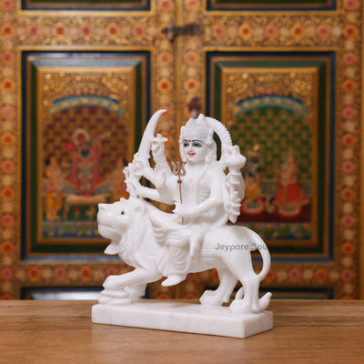 12" Pure Handcrafted White Marble Goddess Durga Idol with Lion