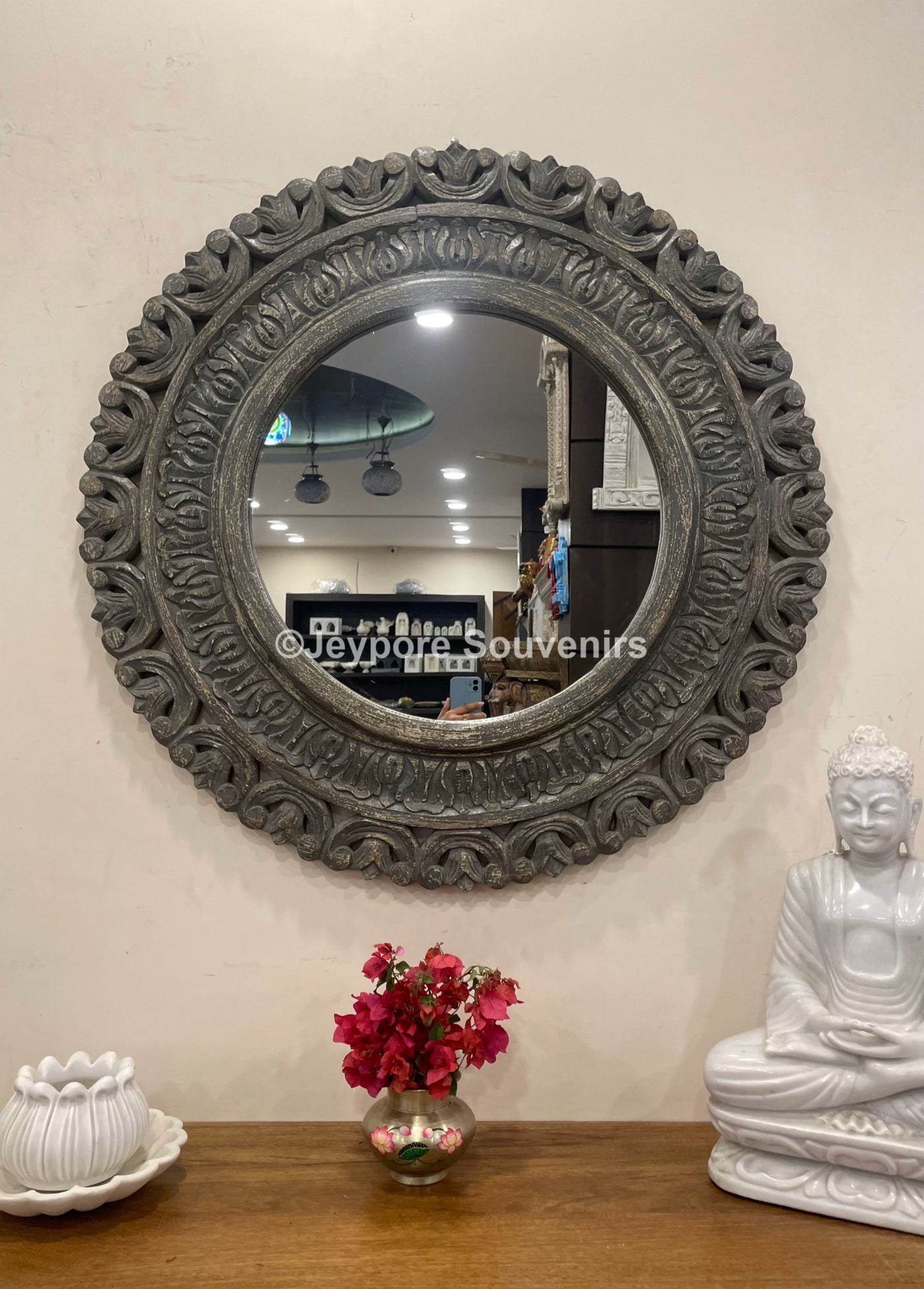 Hand carved wooden round wall mirror