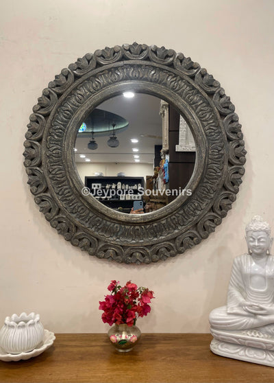 Hand carved wooden round wall mirror