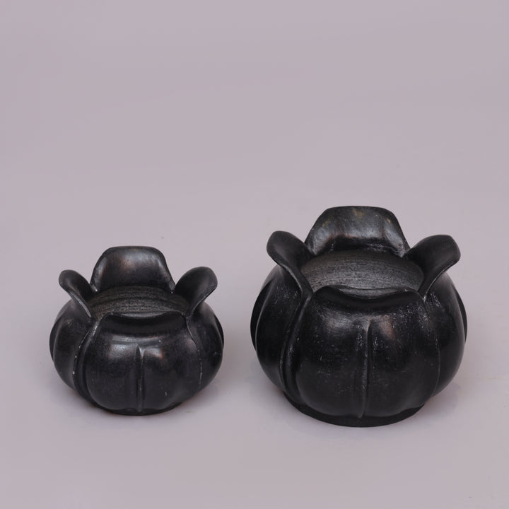 Handcrafted Black Marble Lotus Candle Holder with Sculpted Flared Petal Edges