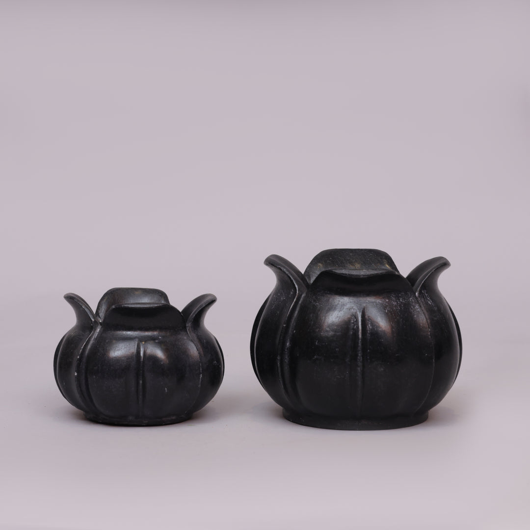 Handcrafted Black Marble Lotus Candle Holder with Sculpted Flared Petal Edges