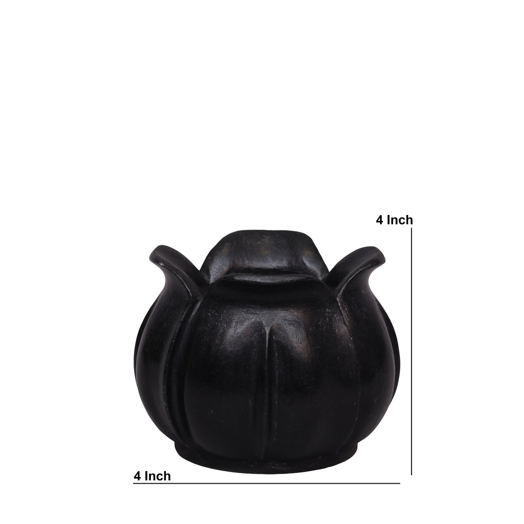 Handcrafted Black Marble Lotus Candle Holder with Sculpted Flared Petal Edges