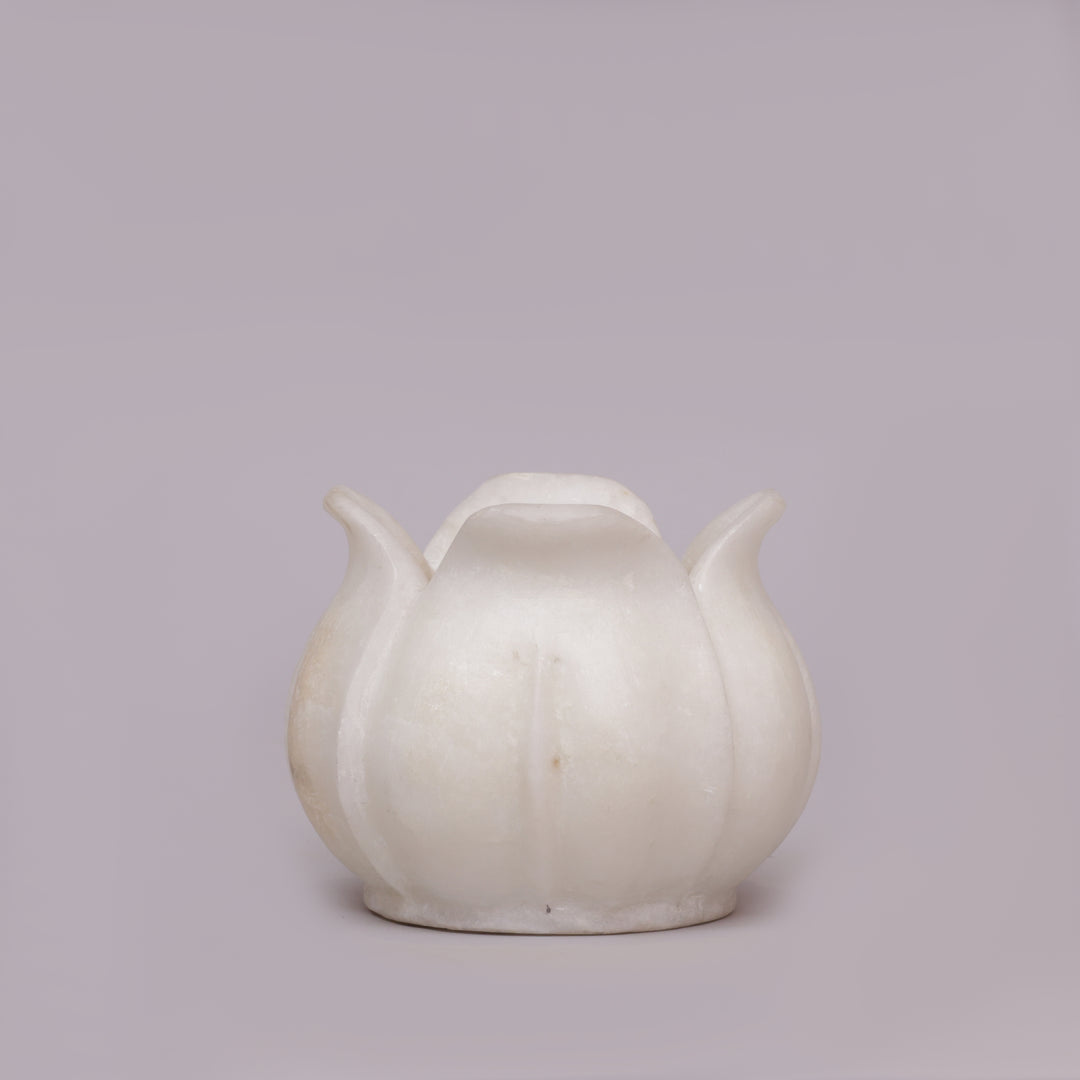 Handcrafted White Marble Lotus Candle Holder with Flared Petal Edges