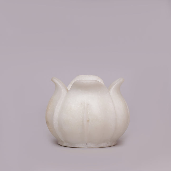 Handcrafted White Marble Lotus Candle Holder with Flared Petal Edges