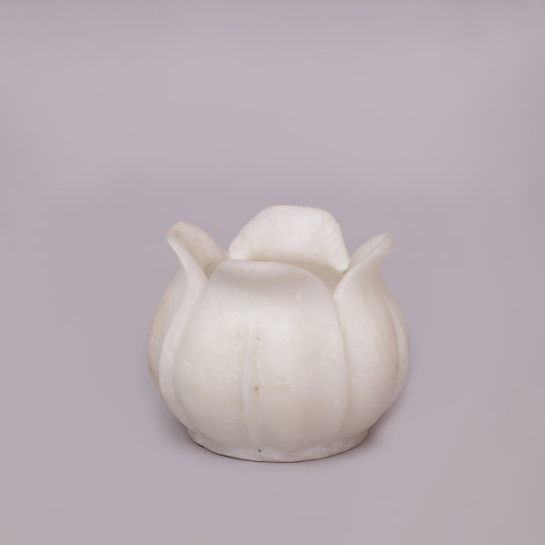 Handcrafted White Marble Lotus Candle Holder with Flared Petal Edges