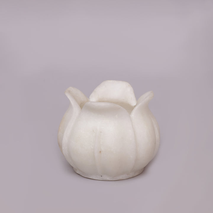 Handcrafted White Marble Lotus Candle Holder with Flared Petal Edges