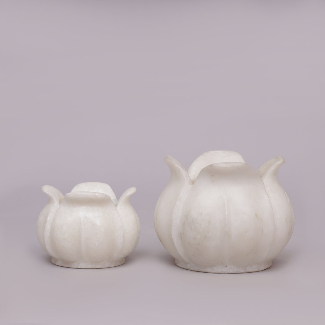 Handcrafted White Marble Lotus Candle Holder with Flared Petal Edges