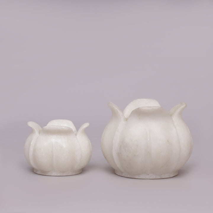 Handcrafted White Marble Lotus Candle Holder with Flared Petal Edges
