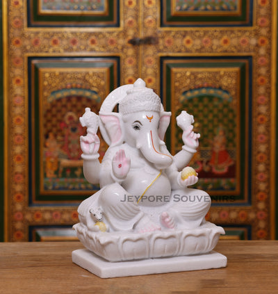 15" Pure White Marble Lord Ganesha Idol for Pooja Décor